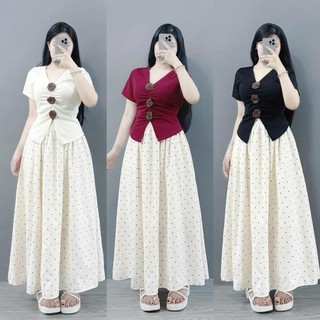Set bigsize nữ chân váy chấm bi lưng chun dáng dài phối áo thun đính hoa tiểu thứ vintage Set A275+ CV422