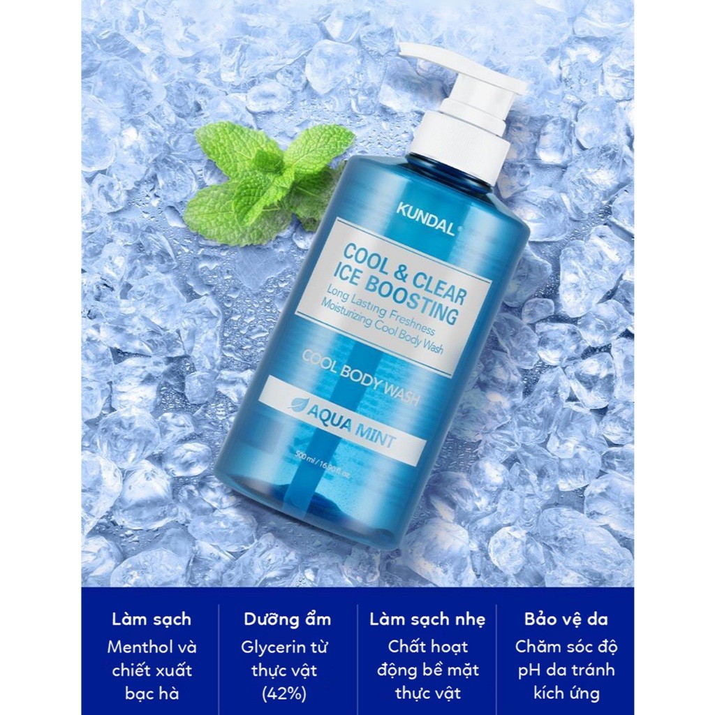 Sữa tắm mát lạnh KUNDAL COOL & CLEAR ICE BOOSTING COOL BODY WASH AQUA MINT 500ml | DAMDAVN