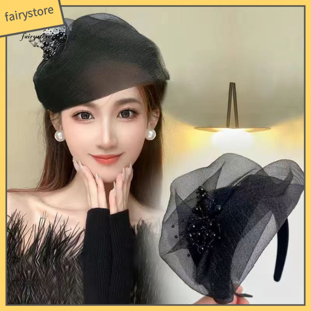 Fairystore| Băng Đô Quấn Tóc Retro Phụ Kiện Tóc Phong Cách Pháp Cưới Băng Đô Có Hạt Và Lưới Trang Trí Phụ Kiện Tóc Thanh Lịch Cho Prom Và Những dịp Đặc Biệt