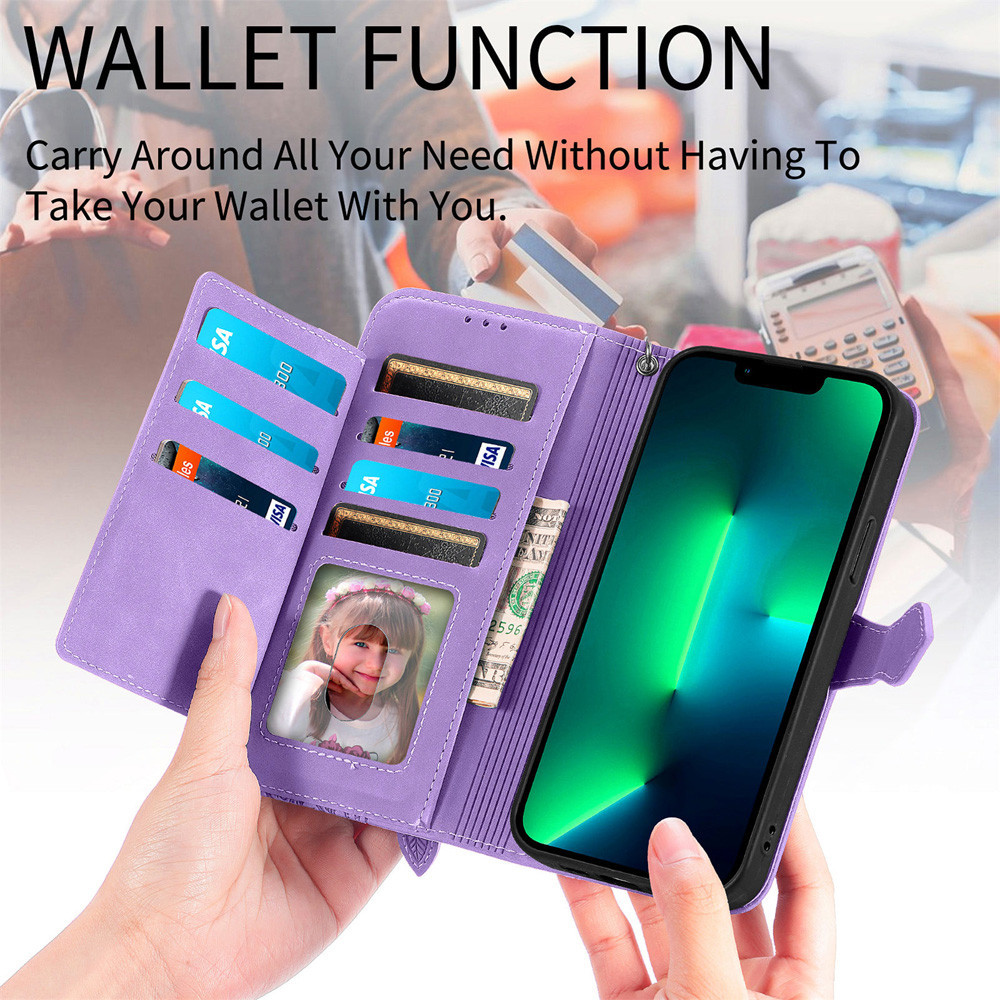 Dành Cho Apple iPhone 13 12 11 Pro Max XR XS Max 6 8 7 Plus Hoa Nổi Dây Kéo Ví Da Vỏ Điện Thoại Có Khe Cắm Thẻ Dây Đeo Dài Lật Mặt Sau