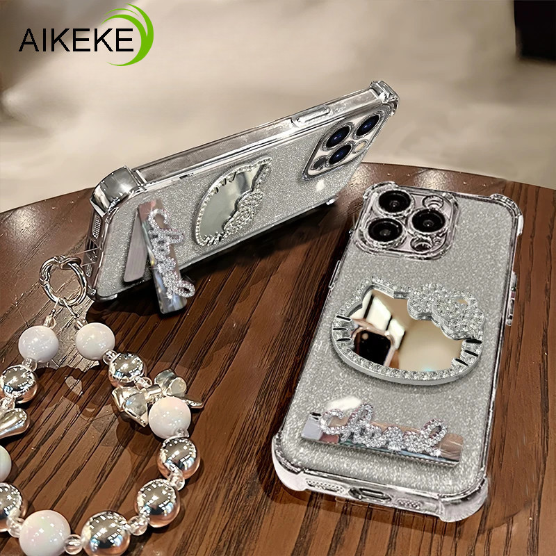 Ốp Điện Thoại Gương Mèo Kim Cương Sang Trọng Cho iPhone 16E 16 15 14 Plus 13 12 11 Pro Max Mini X XR XS Max 8 7 6 6S Plus SE 2020 2022 Lấp Lánh Bướm Ngọc Trai Vòng Tay Đứng Bìa Mềm