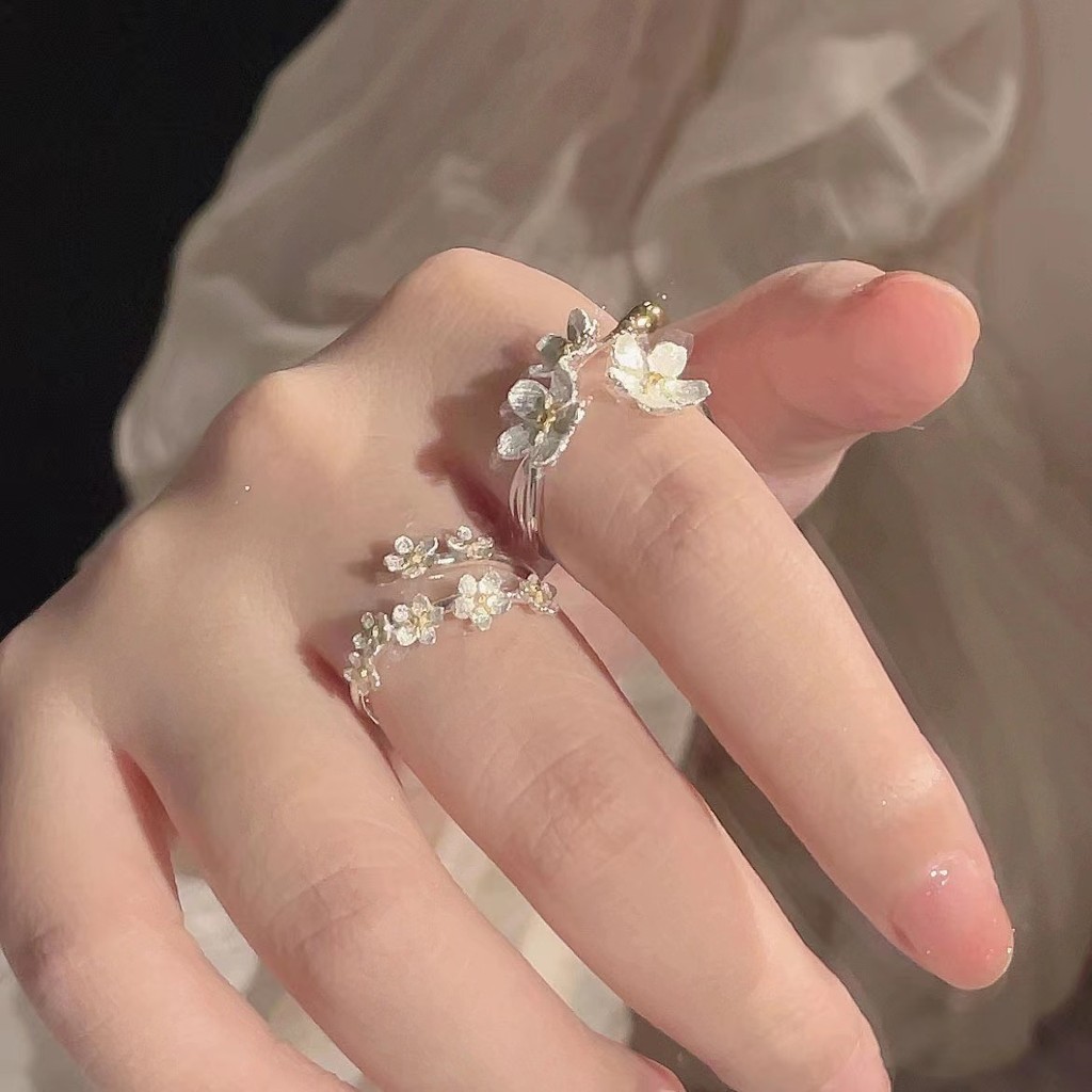 Nhẫn hoa 3D phong cách rừng cho phụ nữ, hoa Iris bạc, thiết kế vintage thanh lịch đa năng, nhẫn mở cao cấp