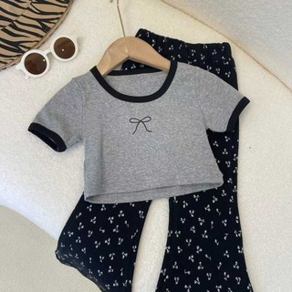 (1-8 tuổi) Bộ đồ phong cách công chúa ngọt ngào cho bé gái Nơ Áo thun ngắn tay loe quần ống rộng trang phục bé gái