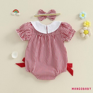MG-Baby Girl Tôm Hùm Thêu Romper Tay Ngắn Cổ Búp Bê Kẻ Sọc Áo liền quần Có Băng Đô