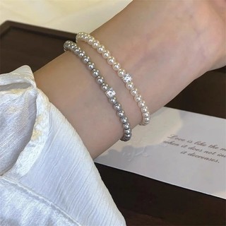 Vòng Tay Ngọc Trai Kẻ Sọc Zircon Đính Hạt 4mm Cổ Điển Swaro Ngọc Trai Xám Dây Đàn Hồi Mỏng Tinh Tế Đa Năng