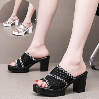 Dép Nữ Cao Gót Vuông Quai Lưới Đính Đá ZicZac Đế Pu Siêu Nhẹ Cao Cấp Bigsize (35-40) -MS CG14
