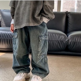 Quần jeans trẻ em mới mùa xuân và mùa thu, quần cargo rộng rãi cho bé trai, quần dài đã giặt cho bé trai