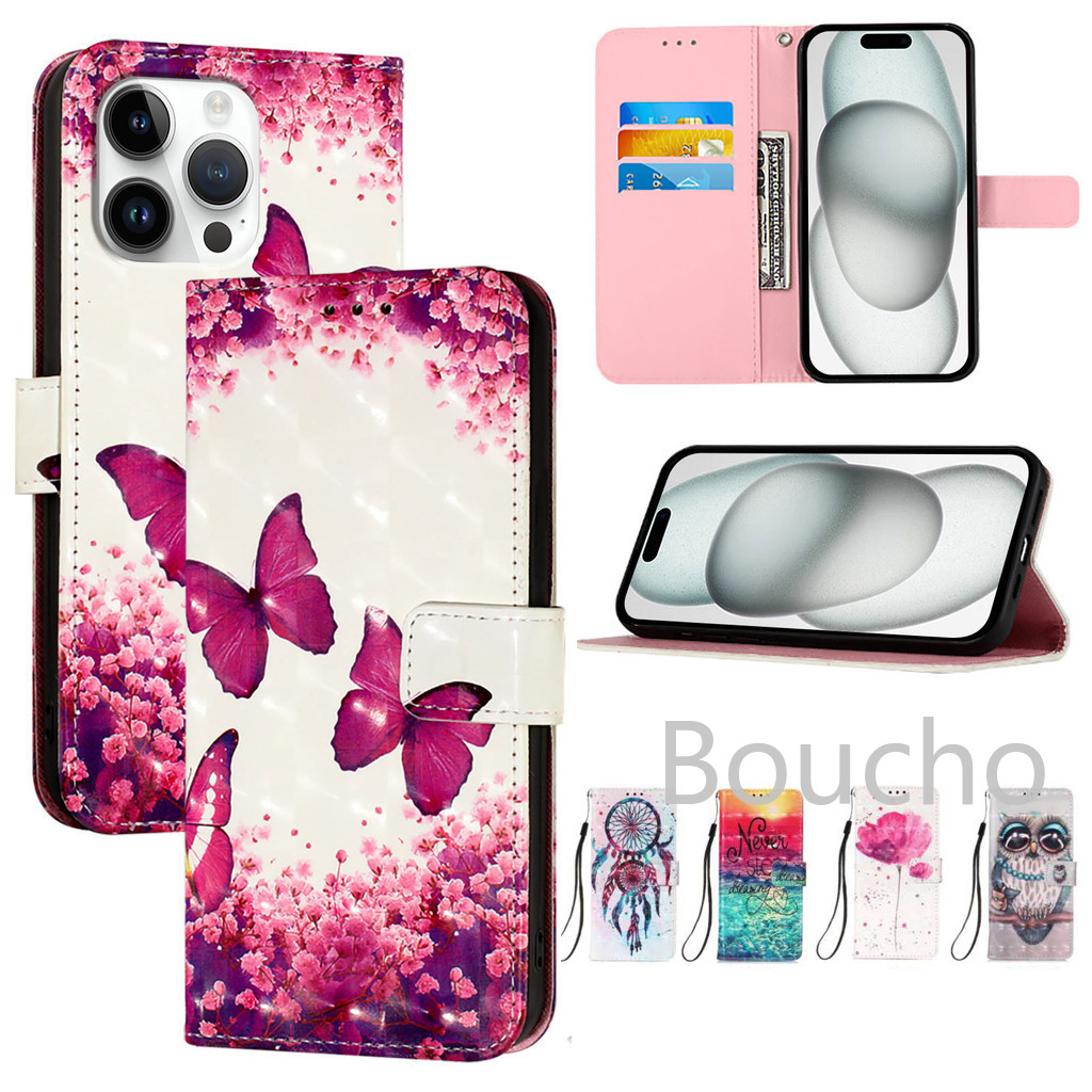 Dành Cho VIVO V40 SE V30E V30 V29 V29E V27 Lite V27E Y28 Y03 Y18 Y38 Y17S Y27 Y36 Y35 Y22 Y22S Y21 Y21S Y33S 3D Hình Cú Hoa Bướm Khe Cắm Thẻ Lật Bao Da Ví Điện Thoại