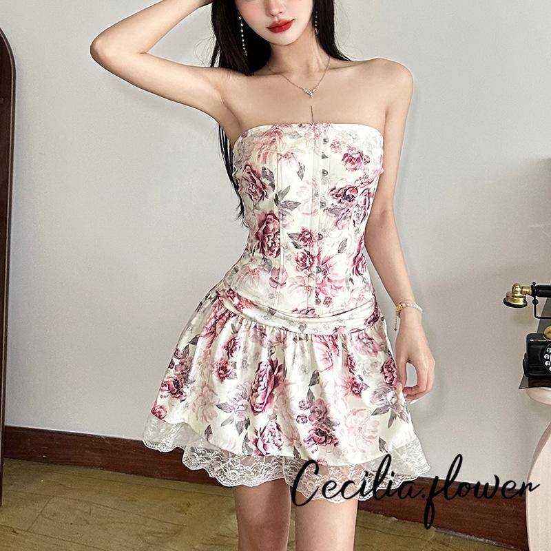 Váy Mini hoa nữ có viền ren - Thắt lưng xếp chữ A thường ngày mùa hè