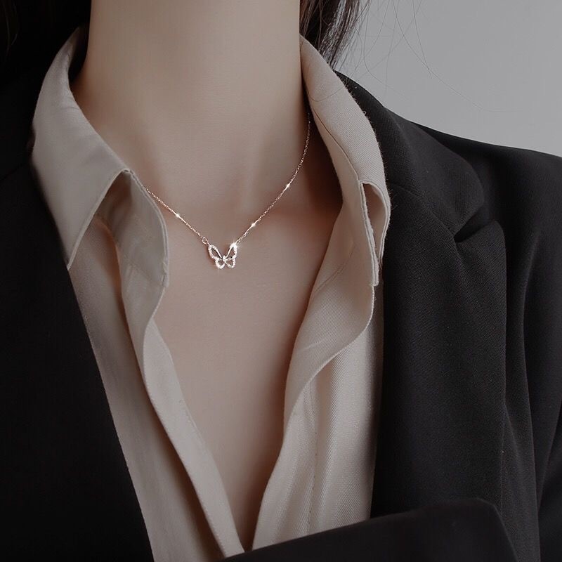 Dây chuyền kim cương khảm bướm rỗng cho phụ nữ, phong cách thời thượng Ins, sang trọng như người nổi tiếng trên internet, dây chuyền cổ thanh lịch, thiết kế độc đáo, choker phong cách rừng đơn giản