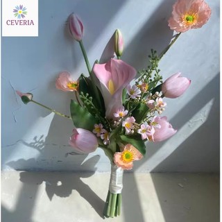 Bó hoa cưới cầm tay cô dâu màu hồng từ hoa Rum và anh túc H0120