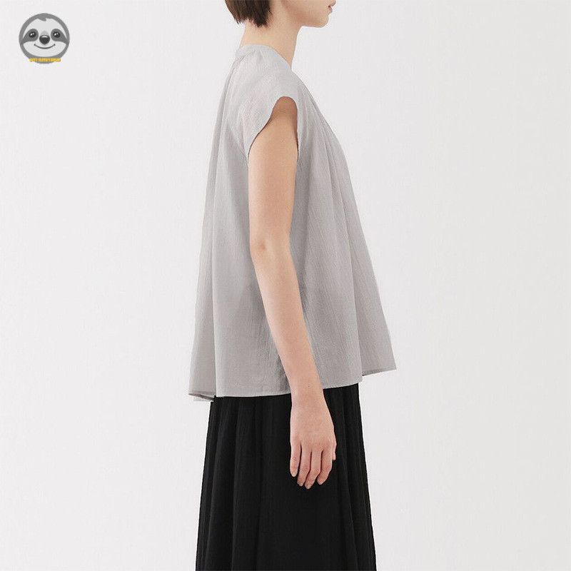 Phong cách Nhật Bản Phong cách Muji / Áo Cotton nữ xoắn chắc chắn kiểu Pháp / dáng rộng mỏng hơn trông văn học tay ngắn
