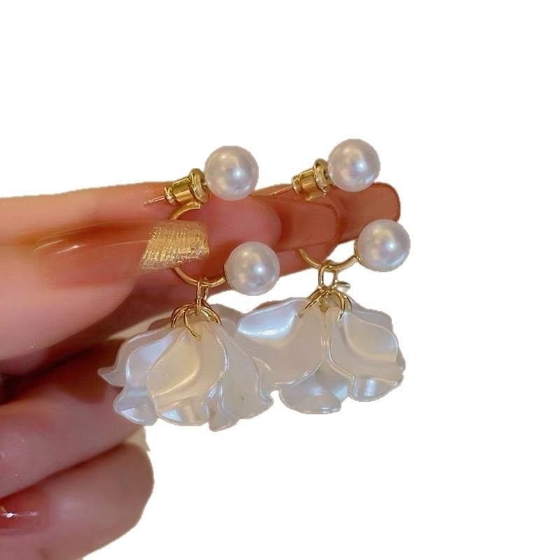 Khuyên tai cánh hoa trắng cao cấp phong cách retro Pháp, thiết kế độc đáo, khuyên tai cho phụ nữ, siêu tiên nữ tính, ngọt ngào tươi mát, đa năng với ngọc trai