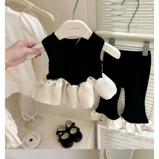 Bộ đồ không tay mùa hè mới cho bé gái phong cách Hàn Quốc, áo vest xếp nếp, quần ống loe, bộ hai mảnh