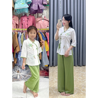 Set đồ lụa mẹ và bé gái ( mẹ bé bán riêng) cổ tim bông đào, đồ bộ bé gái