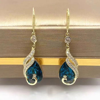 Phong Cách Mới Tính Khí Thời Trang Retro Con Công Dài Tua Rua Bông Tai Pha Lê Xanh