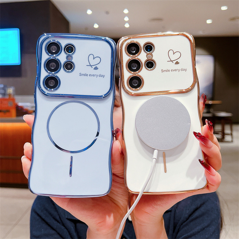 Ốp Lưng Từ Tính Mạ Sóng Cho Samsung Galaxy S26 S25 S24 Ultra Plus S25 S24 S23 FE Sạc Không Dây Trái Tim Tình Yêu Bên