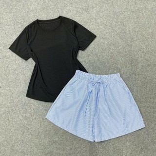 Đồ Bộ Bigisize Mặc Nhà Áo Thun Ôm Baby Tee Phối Quần Kẻ Sọc Cạp Chun Cho Chubby (G244-Q537)