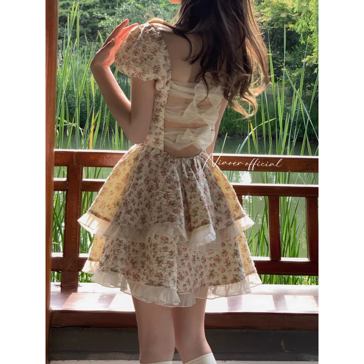 Váy Phồng Công Chúa Đào Tẩu Váy Bánh Bèo Hở Lưng Nơ Tay Phồng Kiểu Pháp Cho Nữ Váy Hoa Nhỏ Tôn Dáng Gầy Chít Eo