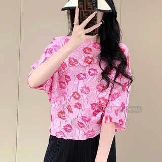 Miyake Xếp Ly Thêu In Hình Nữ Xuân Hè Phong Cách Mới Cao Cấp Tính Khí Nửa Tay Rời