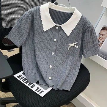 Áo len ngắn tay phong cách Preppy Áo len nữ thiết kế màu sắc tương phản Nơ thời trang Áo ngắn giảm tuổi phong cách Preppy Áo len ngắn tay dành cho nữ Thiết kế màu sắc tương phản Nơ thời trang Áo ngắn