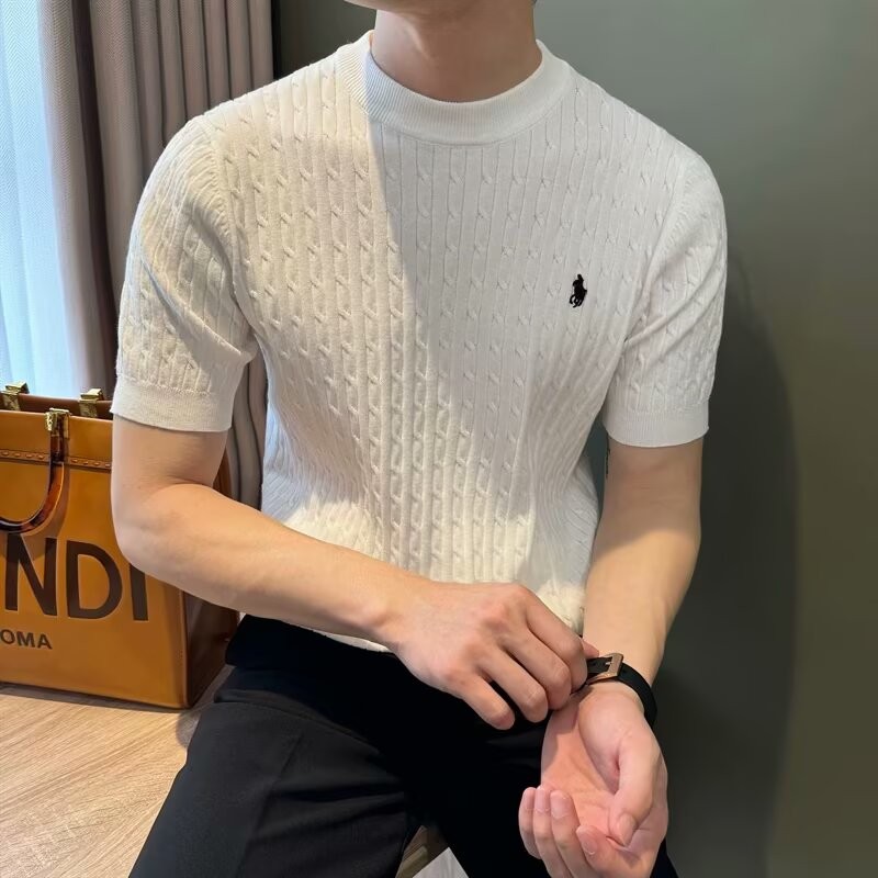 Mùa hè Mới Thêu Đan Tay Ngắn Nam Slim Fit Áo Thun Công Sở Thường Ngày