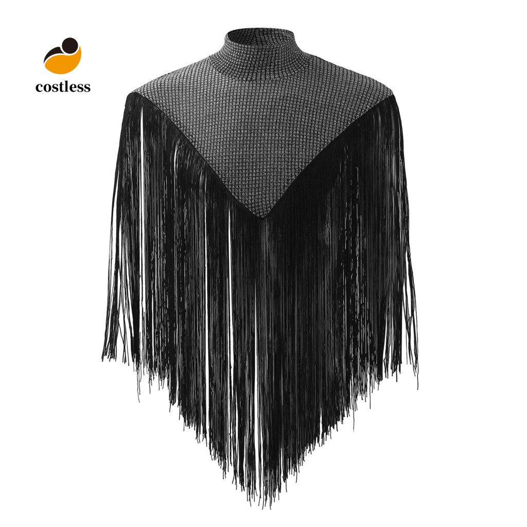 Áo vest nam câu lạc bộ không tay, mũ dài tua rua, viền sáng giả cổ sân khấu, trang phục clubwear có thể nhìn thấy đảo ngược hình tam giác khiêu vũ