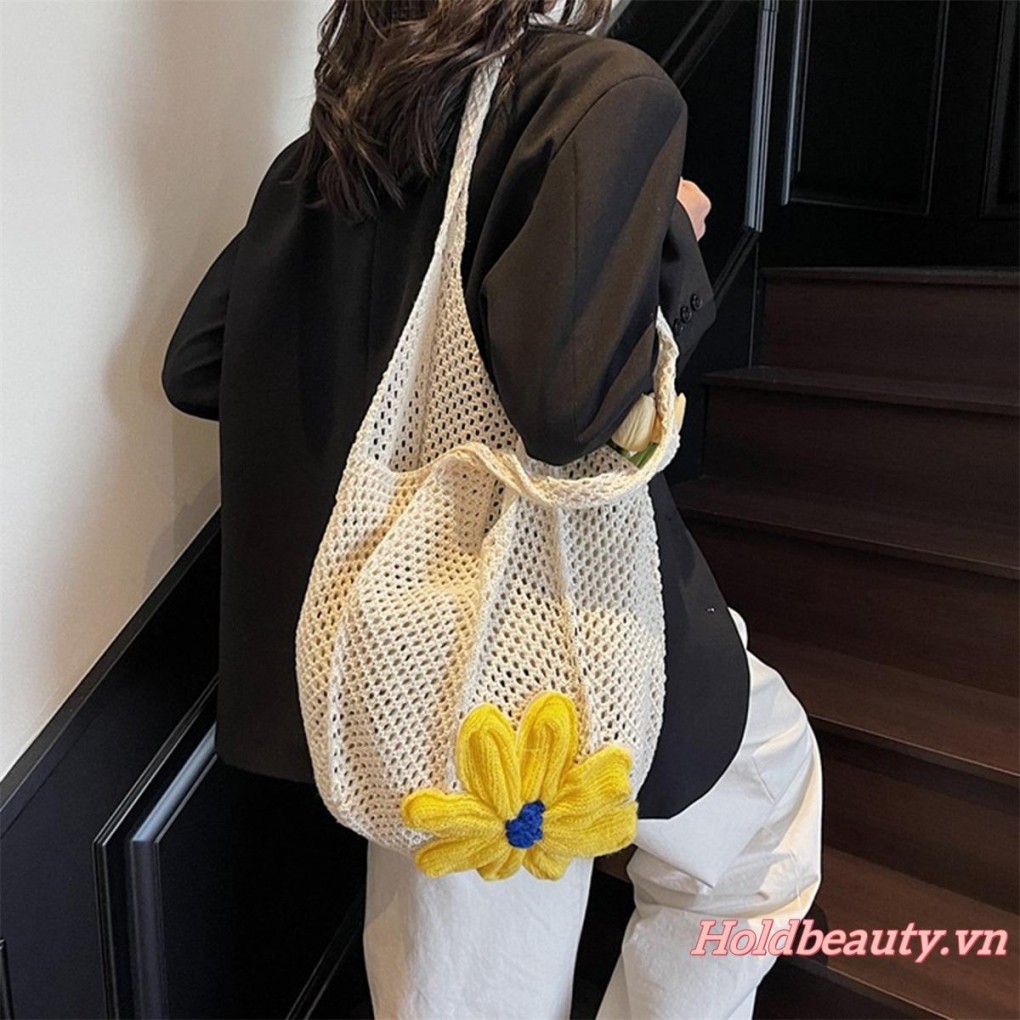Túi Tote Nữ Slouchy Bohemian 3D Hoa Dệt Ví Đeo Vai Túi Xách Lớn Cho Du Lịch Đi Biển Đại Học