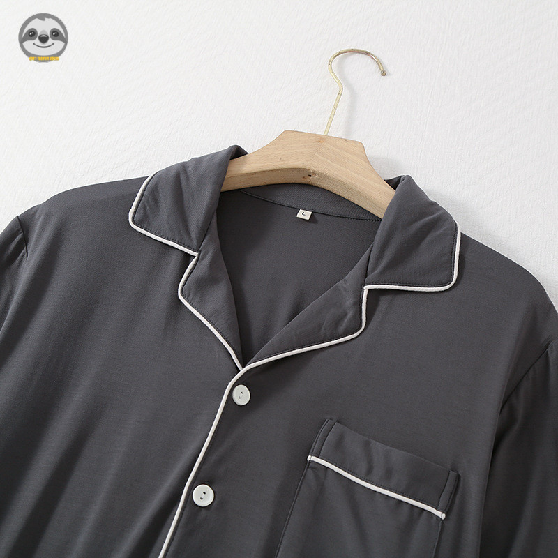 Phong cách Nhật Bản Muji Style / Bộ đồ ngủ ngắn tay bằng sợi tre màu trơn đơn giản dành cho nam / Thường ngày có thể mặc bên ngoài phòng chờ