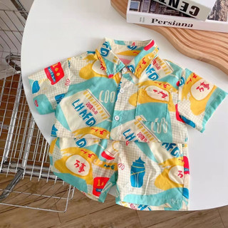Bộ áo sơ mi ngắn tay mới cho bé trai mùa hè, quần short bãi biển trẻ em, bộ hai mảnh
