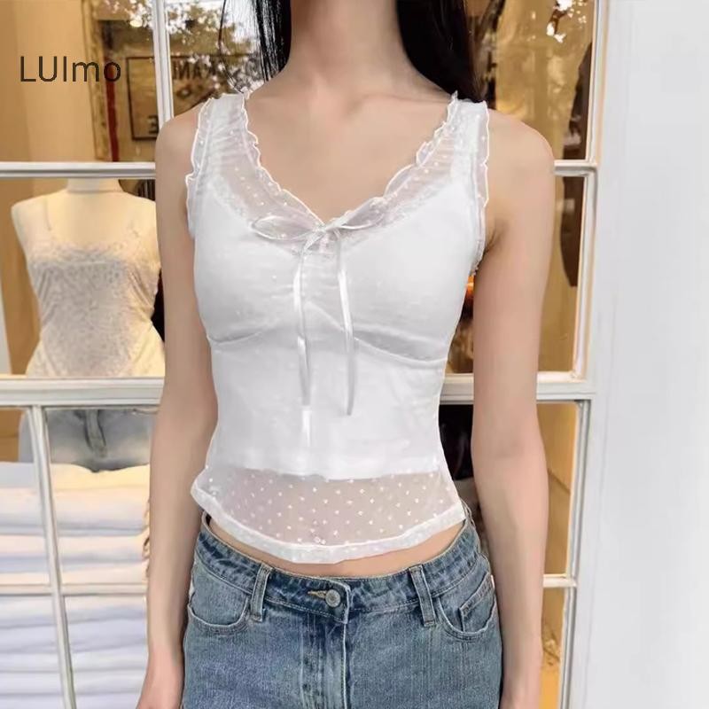 LUImo Mùa Hè Ngọt Ngào BM Phong Cách Tình Yêu Thêu Cổ Chữ V Không Tay Ren Cho Nữ SBS