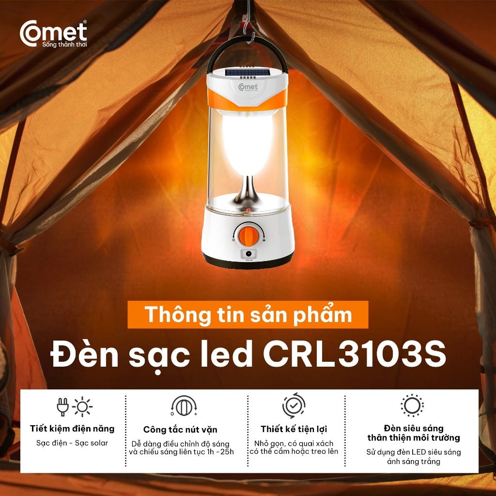 Đèn Sạc Tích Điện Comet CRL3103S 10W - Năng Lượng Mặt Trời Siêu Sáng - Bảo hành chính hãng 12 tháng