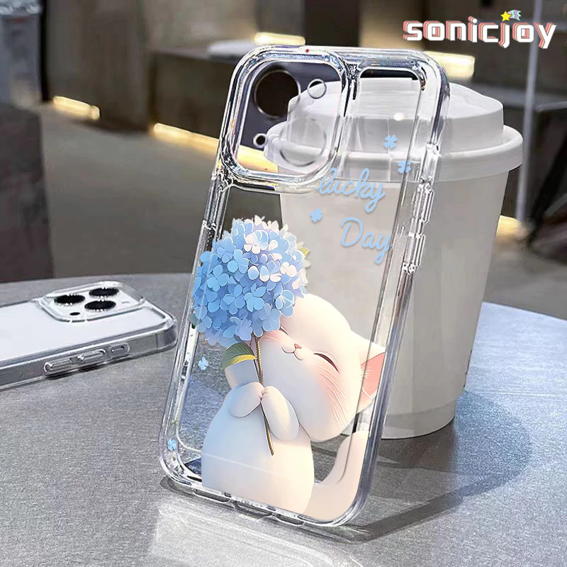 Ốp lưng Trong Suốt Hoa Xanh Mèo Trắng Thích Hợp Cho IPhone 11 12 13 14 15 16 Pro Max X XR XS Max 7Plus 8Plus Ốp Silicon Trong Suốt Thời Trang-SY - ảnh 2