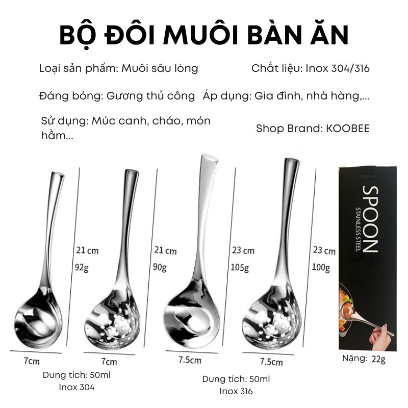 Muôi Múc Canh & Muôi Thủng Inox 304/316 Cao Cấp – Dày Dặn, Sáng Bóng, Lòng Sâu 50ml – Cho Bếp Gia Đình/Nhà Hàng | 121