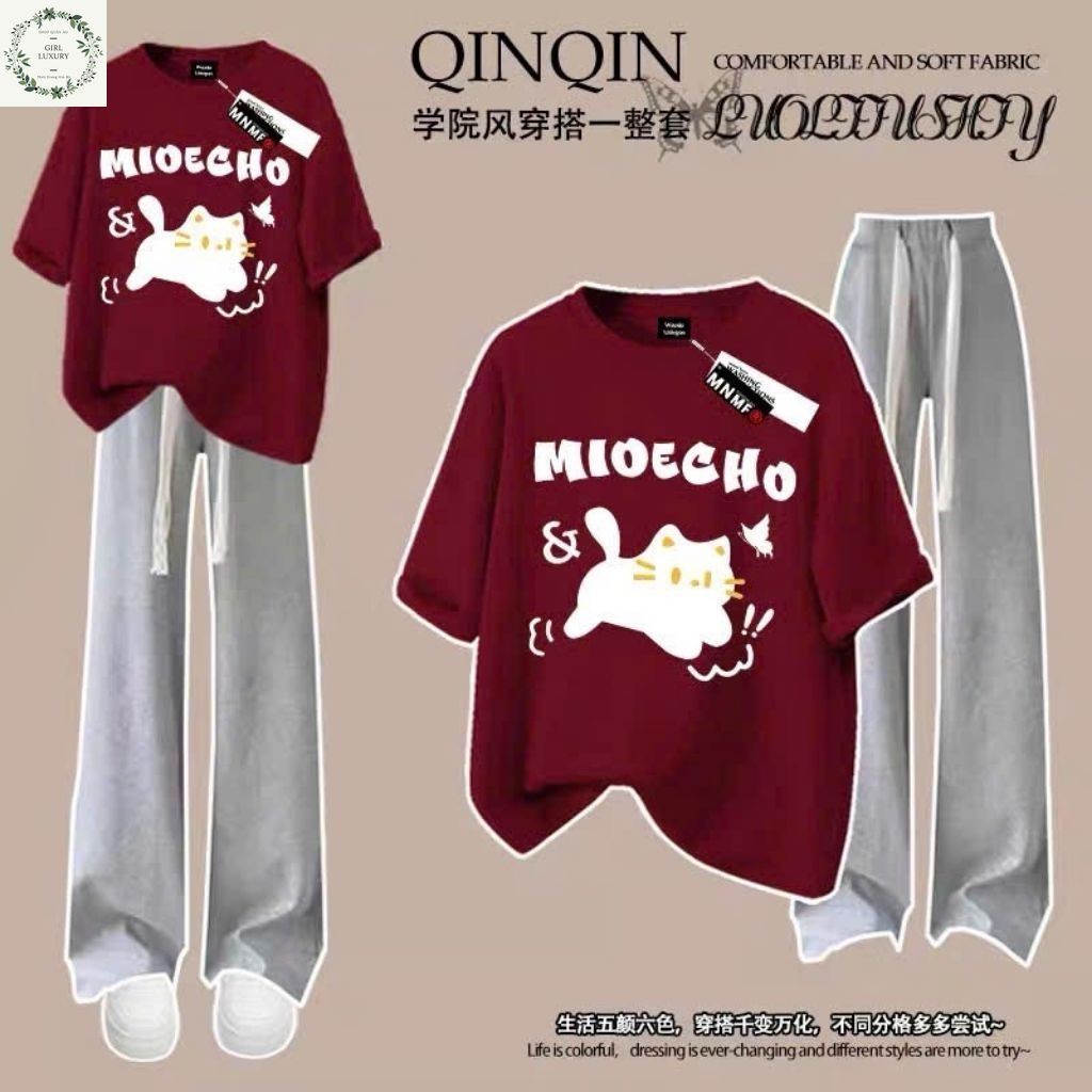 Sét Bộ Nữ Quần Rộng Dài + Mix Áo Phông Form Rộng Tay Lỡ -Mèo Máy STUDENTS