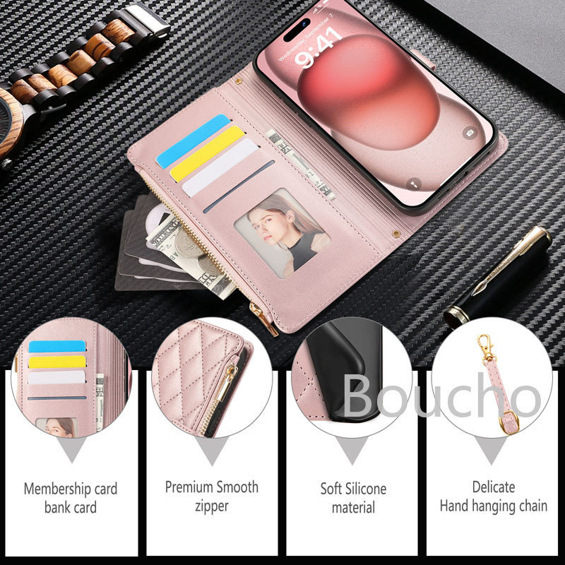 Dành Cho Apple iPhone 13 12 11 Pro Max XR XS Max 6 8 7 Plus Khóa Da Dây Kéo Ví Điện Thoại Túi Thời Trang Thanh Lịch Flip Cover Với Dây Đeo Vai