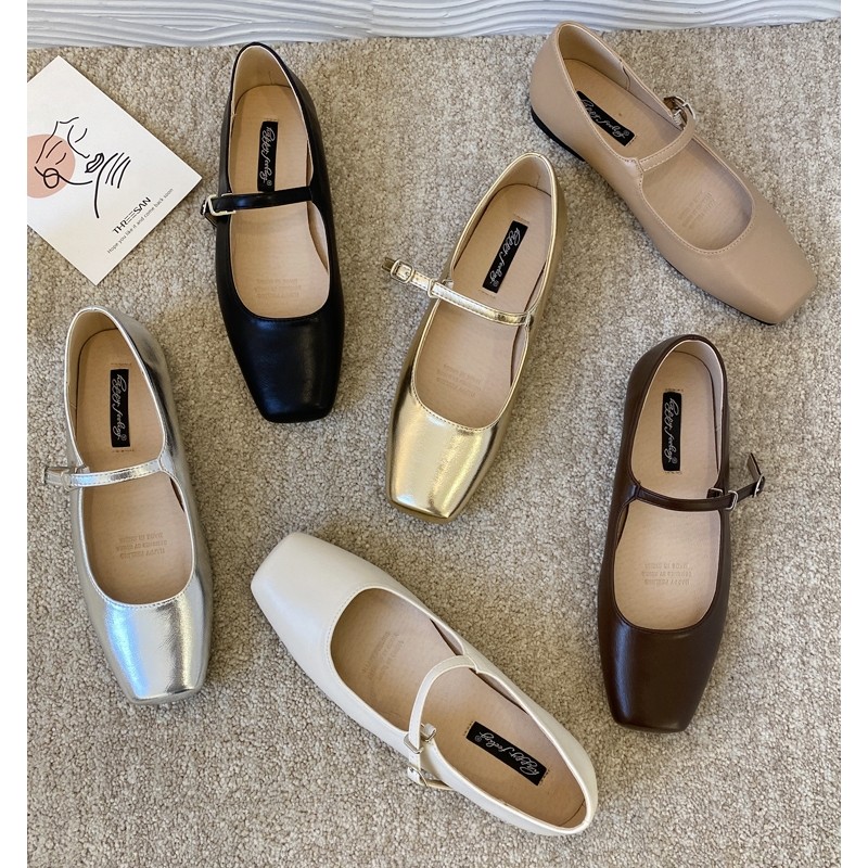 Giày Nữ Size 32-44, Mũi Vuông Pháp, Mary Jane Bạc, Đế Mềm, Phong Cách Nhẹ Nhàng, JUNE10