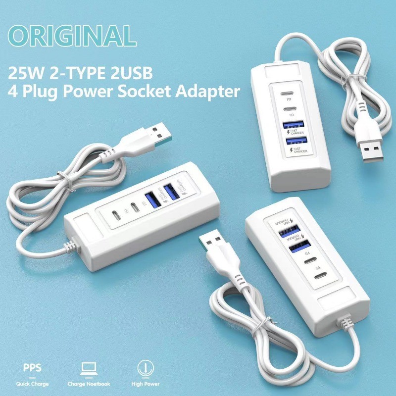 Bộ Chia Sạc 2PD 2USB Đa Năng - Bộ Chuyển Đổi 4 Trong 1 25W Chắc Chắn - Phụ Kiện Nối Dài Điện Thoại Bền Đẹp