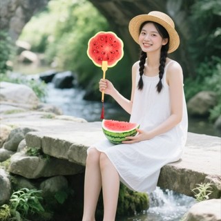 Quạt cầm tay In dưa hấu Quạt tròn có tay cầm bằng gỗ cho ngoài trời