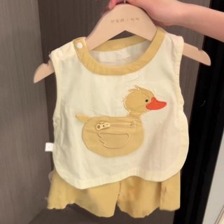 Bộ áo vest và quần short mùa hè cho trẻ em, phong cách Hàn Quốc, bé trai và bé gái, túi vịt dễ thương, bộ hai mảnh màu vàng thoải mái