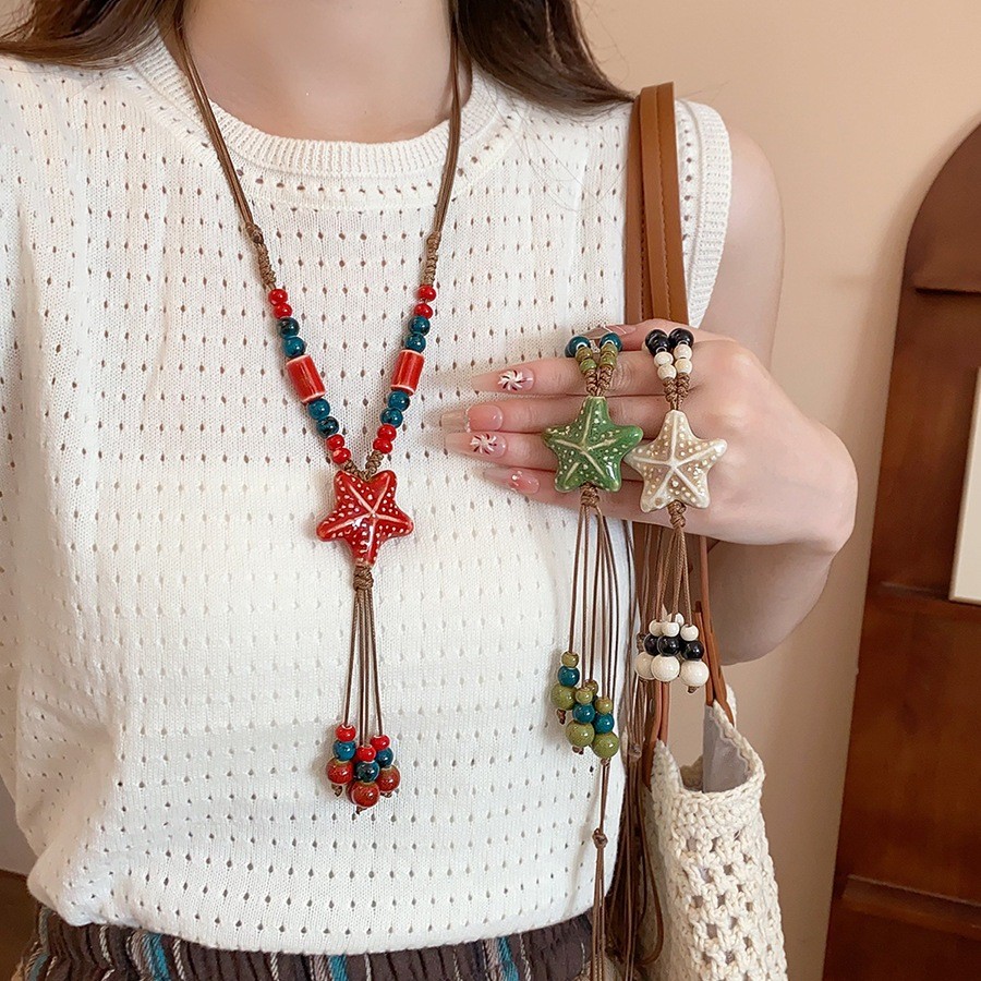Dây sáp phong cách Boho bướm sao biển mặt dây chuyền vòng cổ retro dễ dàng phù hợp với vòng cổ dài phụ kiện thời trang dành cho nữ