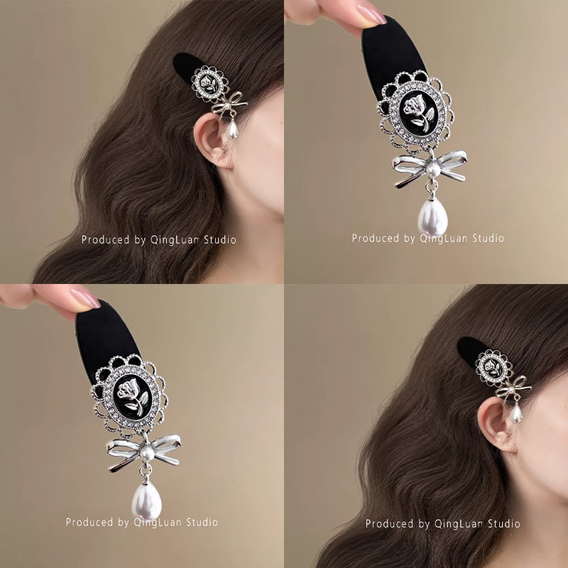 MAUROPOLI [Hàng có sẵn] Hoa vẽ tranh sơn dầu ~ Kẹp tóc ngọc trai hoa hồng cổ điển kiểu Pháp Nơ tua rua gãy Kẹp tóc du lịch