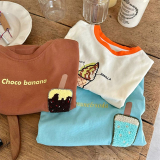 Áo thun cotton ngắn tay mùa hè cho bé trai và bé gái, thêu hình kem hoạt hình, áo trẻ em thường ngày