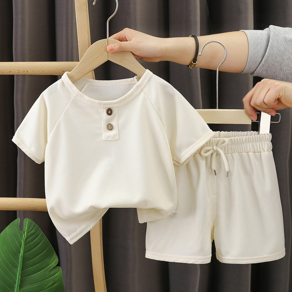 ​Trẻ Em Quần Short Tay Ngắn Phù Hợp Với Mùa Hè Mỏng Phong Cách Bé Trai Bé Gái Waffle Loungewear Trẻ Em Thoáng Khí Mùa Hè Quần Áo 8O-140​Mã Z6V1