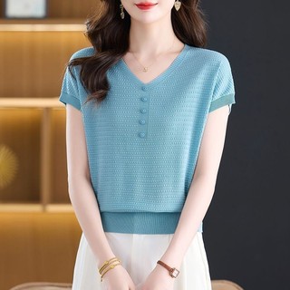 Tay Ngắn Cổ Tròn Mùa Hè 2025 Phong Cách Phương Tây Bao Bụng Cổ Chữ V Áo Thun Rời Đan Top Nữ Mẹ Mặc