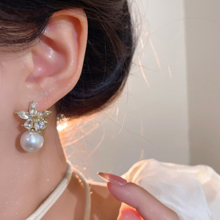 Bông tai ngọc trai hoa kim cương nhẹ sang trọng - Cao cấp Pháp ngọt ngào cho nữ
