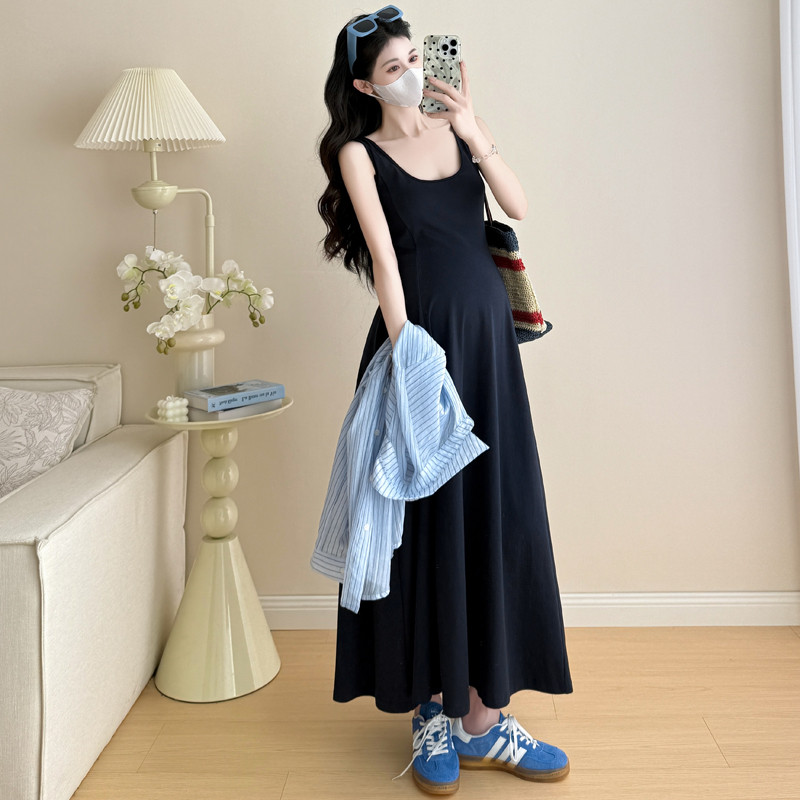 Bộ đồ bà bầu Mùa hè Phiên bản Hàn Quốc Váy dáng ôm hơn + Áo sơ mi sọc chống nắng Bộ đồ hai mảnh