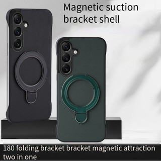 Ốp lưng không khung da dành cho doanh nhân có giá đỡ từ tính gấp cho Samsung Galaxy S24 SM-S921B Vỏ sạc siêu không dây