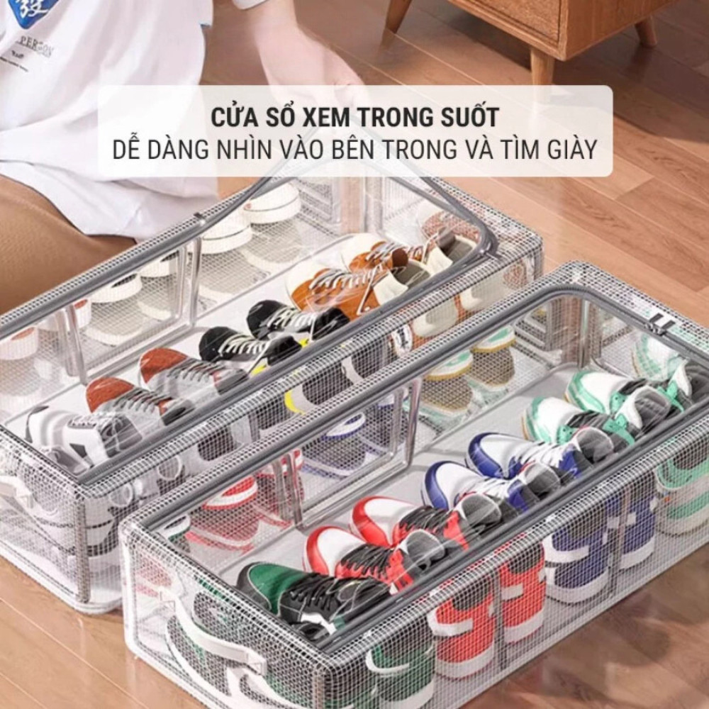 Hộp Đựng Giày Gấp Gọn Vải Lưới PVC Dày Dặn Khung Thép Chịu Lực Có Ngăn Kéo Khóa Kín Chống Bụi Bẩn