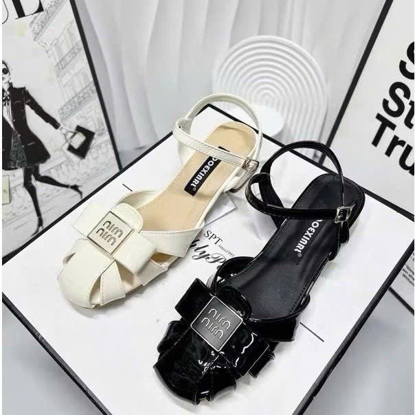 Dép Xăng Đan Mũi Rọ Nơ Min, Giày Sandal Nữ Mũi Tròn Đế Vuông 3cm, 5cm Da Bóng Hottrend - Cin Shoes